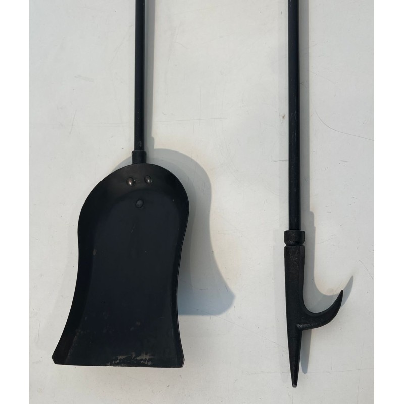 Modernist Black Lacquered Metal and Chrome Fireplace Companion Set with Diamond Finials