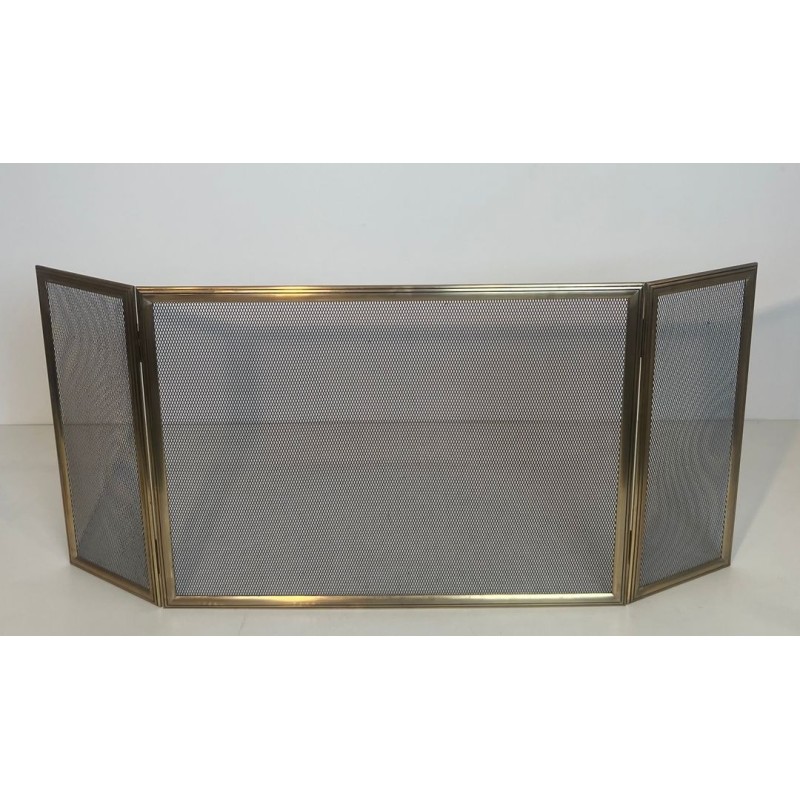 Neoclassical Style Three-Panel Folding Brass and Wire Mesh Fireplace Screen