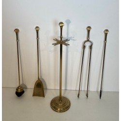 Neoclassical Style Brass Fireplace Companion Set with Disc Finials