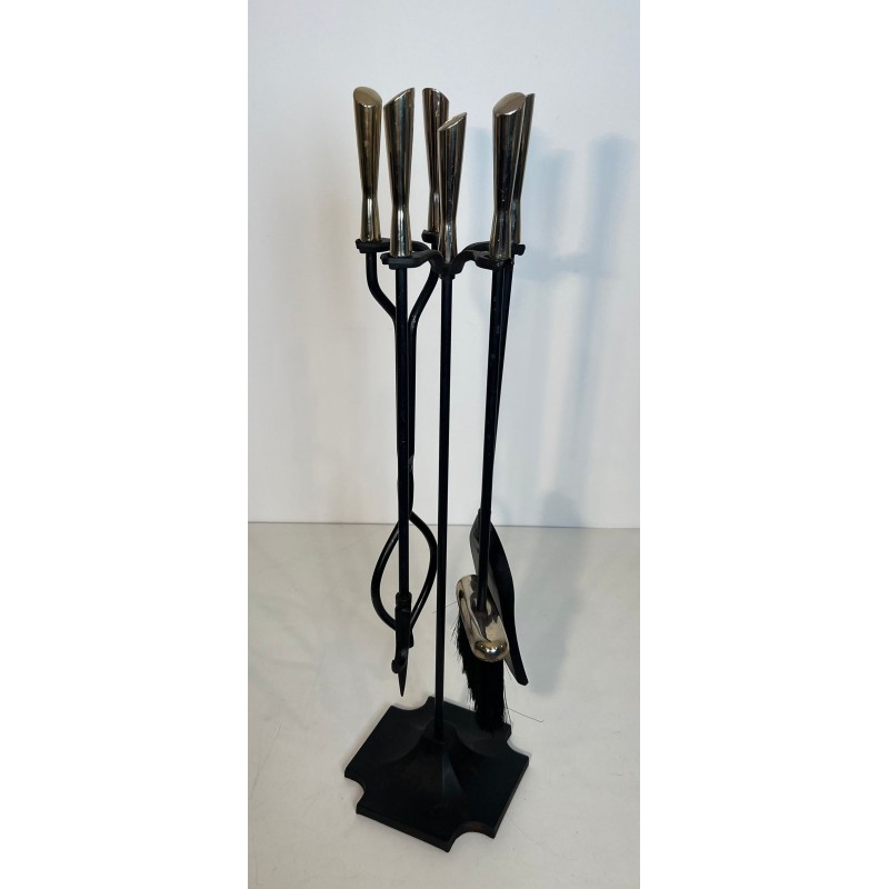 Nécessaire de Feu Moderniste en Métal Laqué Noir et Chrome à Finiales en Losange