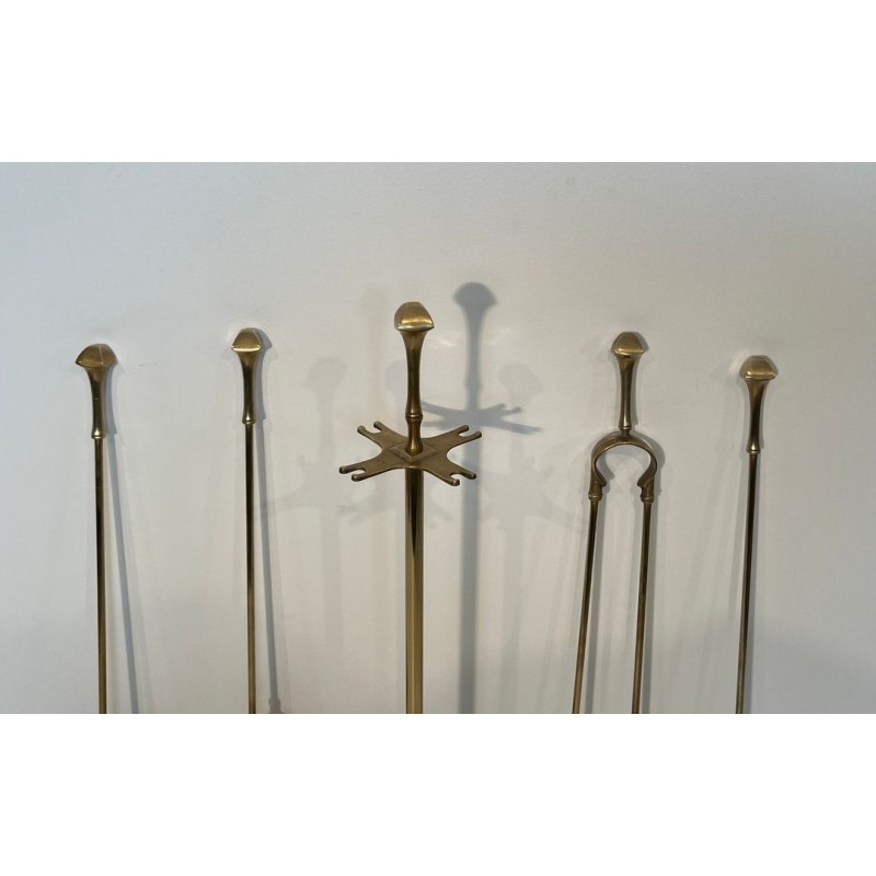 Neoclassical Style Brass Fireplace Companion Set with Disc Finials