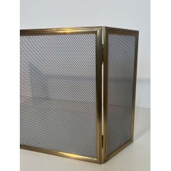 Neoclassical Style Three-Panel Folding Brass and Wire Mesh Fireplace Screen