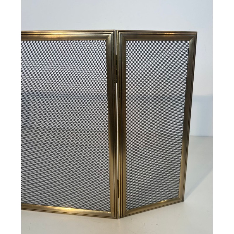 Neoclassical Style Three-Panel Folding Brass and Wire Mesh Fireplace Screen