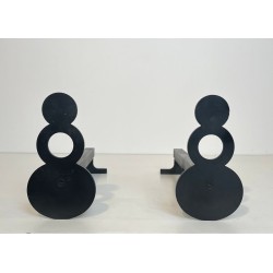Pair of Modernist Steel Andirons with Figure-Eight Double-Disc Uprights