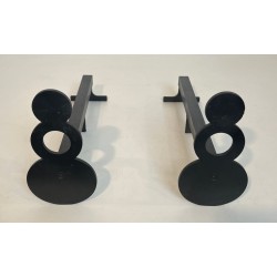 Pair of Modernist Steel Andirons with Figure-Eight Double-Disc Uprights