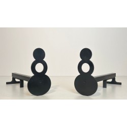 Pair of Modernist Steel Andirons with Figure-Eight Double-Disc Uprights