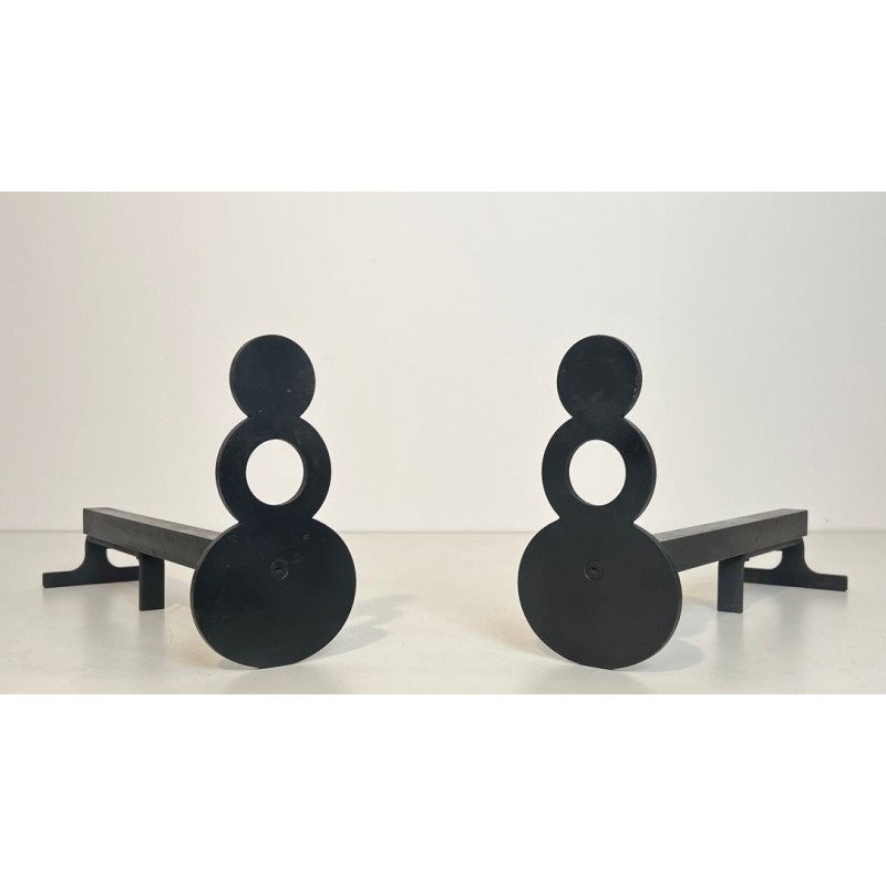 Pair of Modernist Steel Andirons with Figure-Eight Double-Disc Uprights