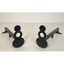 Pair of Modernist Steel Andirons with Figure-Eight Double-Disc Uprights