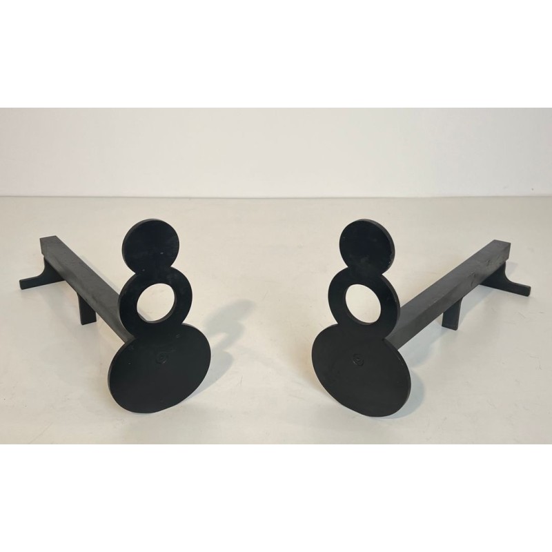 Pair of Modernist Steel Andirons with Figure-Eight Double-Disc Uprights