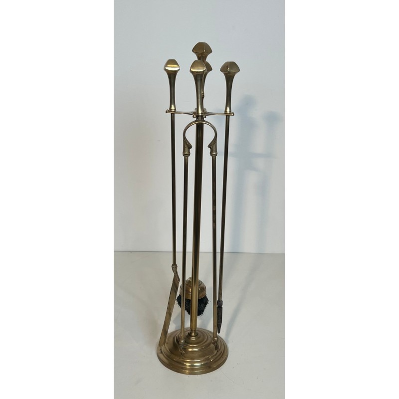 Neoclassical Style Brass Fireplace Companion Set with Disc Finials