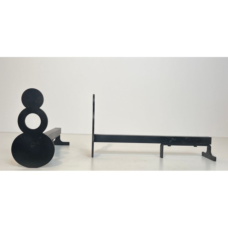 Pair of Modernist Steel Andirons with Figure-Eight Double-Disc Uprights