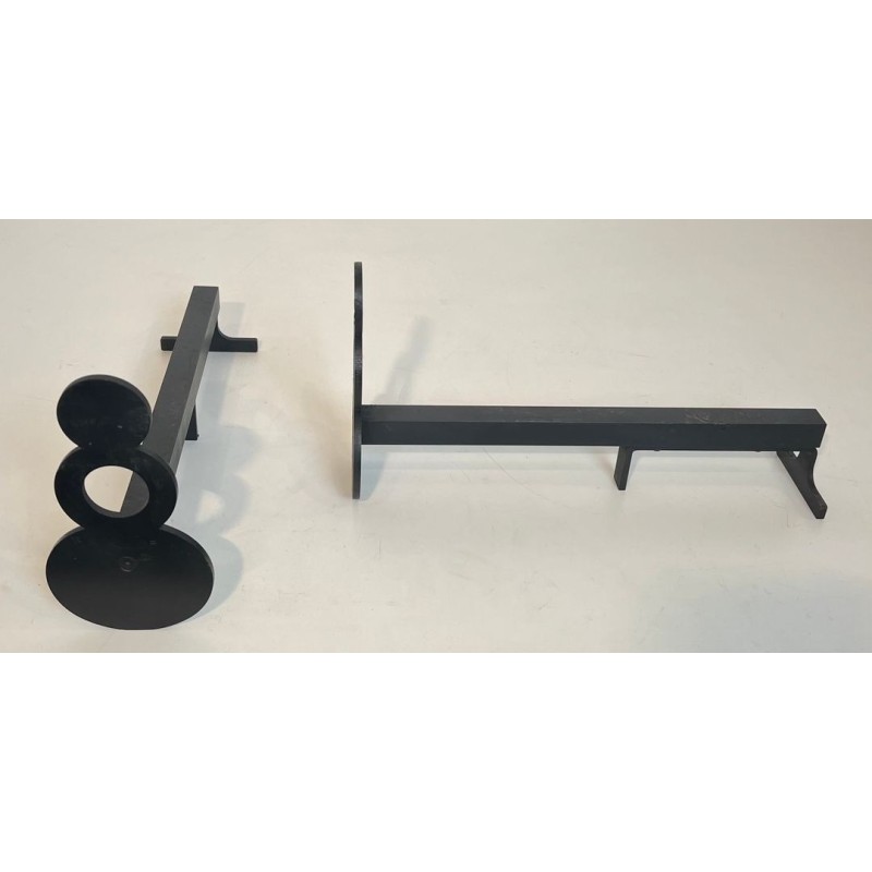 Pair of Modernist Steel Andirons with Figure-Eight Double-Disc Uprights