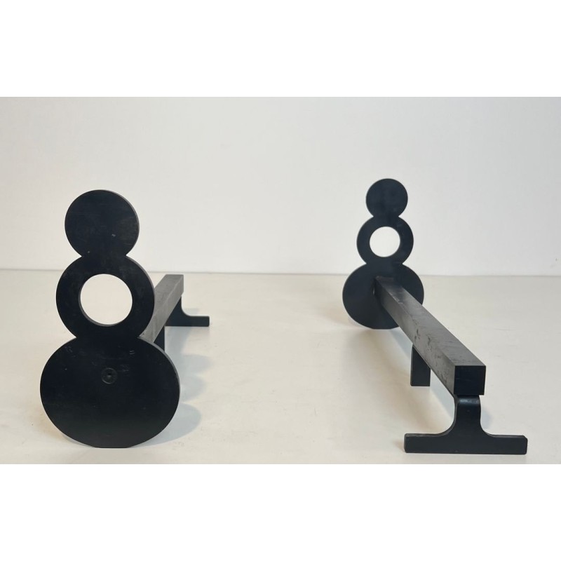 Pair of Modernist Steel Andirons with Figure-Eight Double-Disc Uprights
