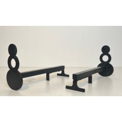 Paire de Chenets Modernistes en Acier à Montants en Double Disque