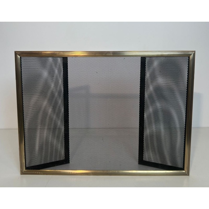 Neoclassical Style Three-Panel Folding Brass and Wire Mesh Fireplace Screen
