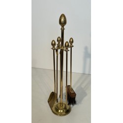 Neoclassical Brass Fireplace Companion Set with Egg Finials in the Style of Maison Jansen