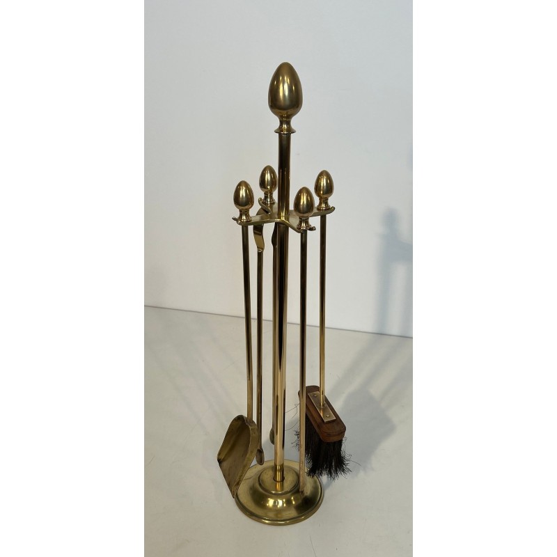 Neoclassical Brass Fireplace Companion Set with Egg Finials in the Style of Maison Jansen