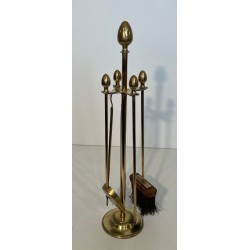 Neoclassical Brass Fireplace Companion Set with Egg Finials in the Style of Maison Jansen