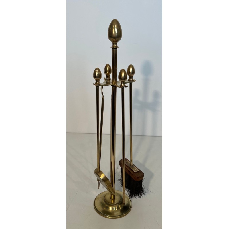 Neoclassical Brass Fireplace Companion Set with Egg Finials in the Style of Maison Jansen
