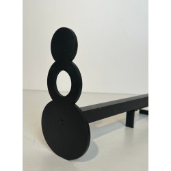 Pair of Modernist Steel Andirons with Figure-Eight Double-Disc Uprights