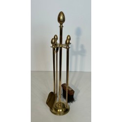 Nécessaire de Feu en Laiton Néoclassique à Finials Ovoïdes, Goût Maison Jansen