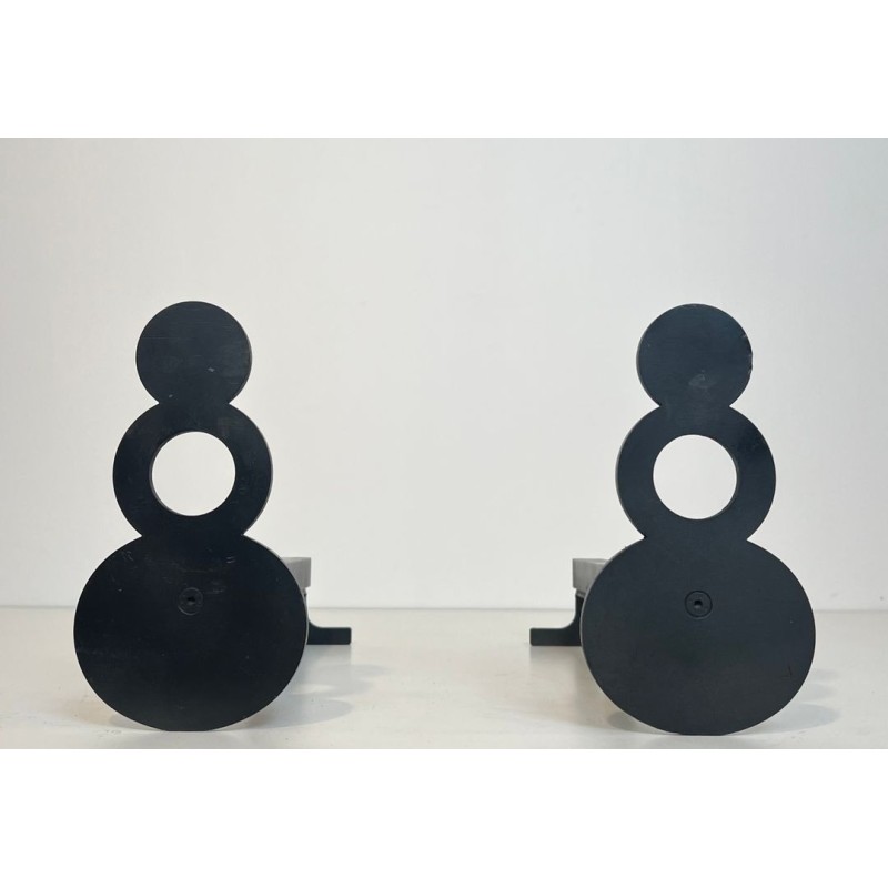 Pair of Modernist Steel Andirons with Figure-Eight Double-Disc Uprights