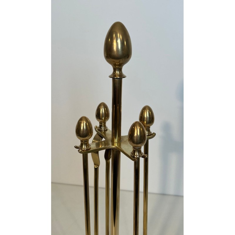 Neoclassical Brass Fireplace Companion Set with Egg Finials in the Style of Maison Jansen
