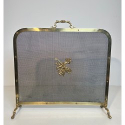 Neoclassical Brass and Wire Mesh Fireplace Screen, Mandolin and Floral Mounts, Marked MS