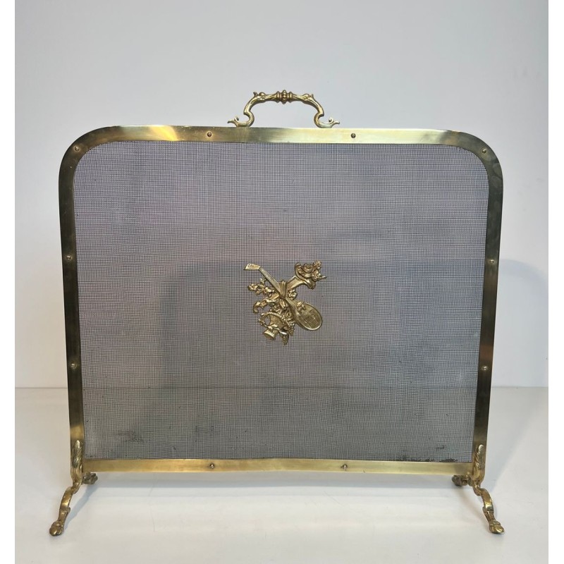 Neoclassical Brass and Wire Mesh Fireplace Screen, Mandolin and Floral Mounts, Marked MS