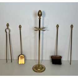 Nécessaire de Feu en Laiton Néoclassique à Finials Ovoïdes, Goût Maison Jansen