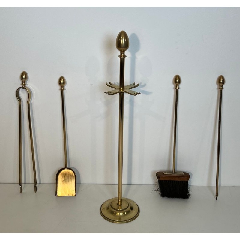 Nécessaire de Feu en Laiton Néoclassique à Finials Ovoïdes, Goût Maison Jansen