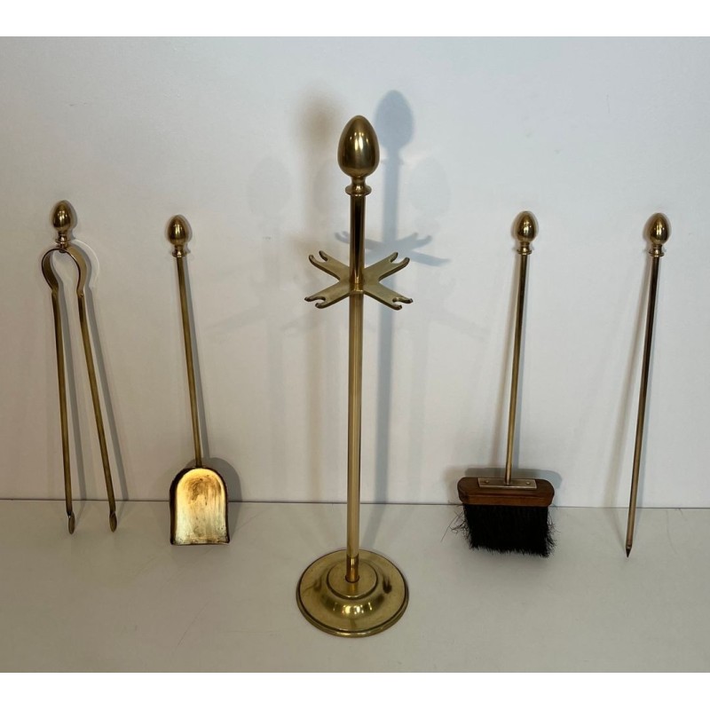 Neoclassical Brass Fireplace Companion Set with Egg Finials in the Style of Maison Jansen