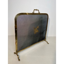 Neoclassical Brass and Wire Mesh Fireplace Screen, Mandolin and Floral Mounts, Marked MS