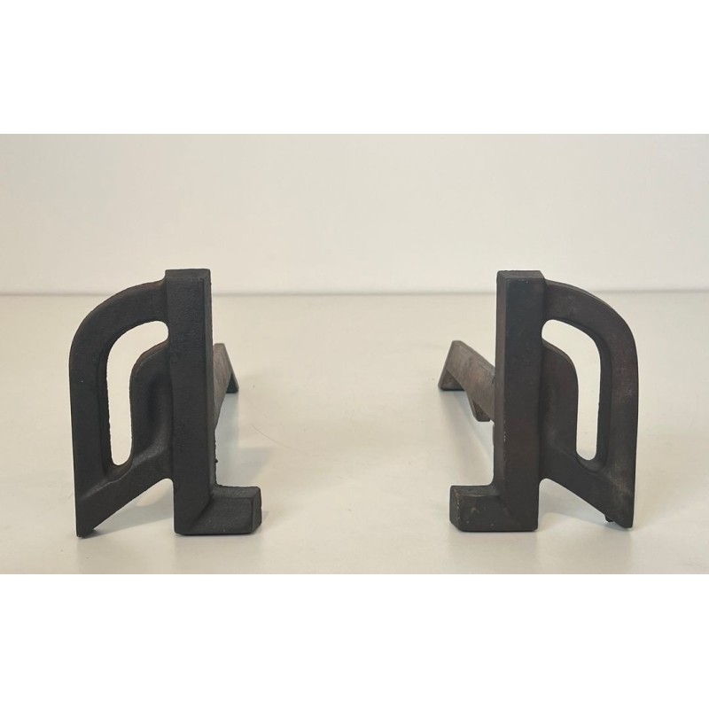 Pair of Small Modernist Cast Iron and Wrought Iron Andirons with Arch Uprights