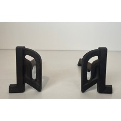 Pair of Small Modernist Cast Iron and Wrought Iron Andirons with Arch Uprights