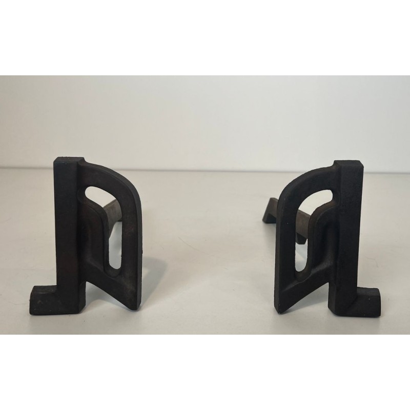 Pair of Small Modernist Cast Iron and Wrought Iron Andirons with Arch Uprights