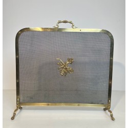Neoclassical Brass and Wire Mesh Fireplace Screen, Mandolin and Floral Mounts, Marked MS