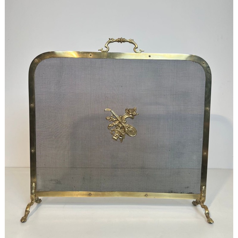Neoclassical Brass and Wire Mesh Fireplace Screen, Mandolin and Floral Mounts, Marked MS