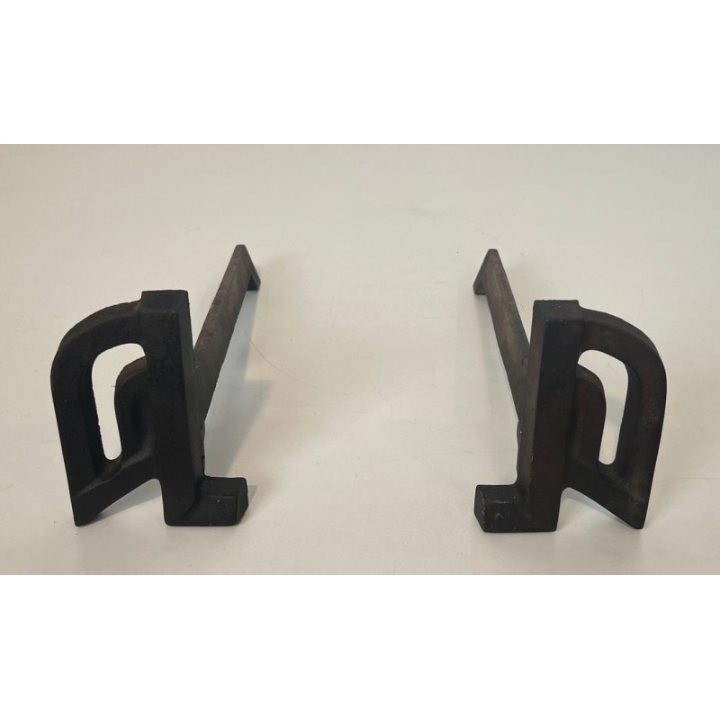 Pair of Small Modernist Cast Iron and Wrought Iron Andirons with Arch Uprights