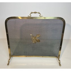 Neoclassical Brass and Wire Mesh Fireplace Screen, Mandolin and Floral Mounts, Marked MS