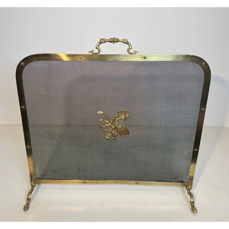 Neoclassical Brass and Wire Mesh Fireplace Screen, Mandolin and Floral Mounts, Marked MS