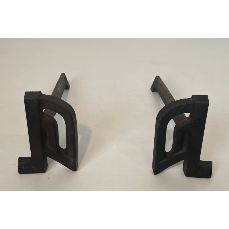 Pair of Small Modernist Cast Iron and Wrought Iron Andirons with Arch Uprights