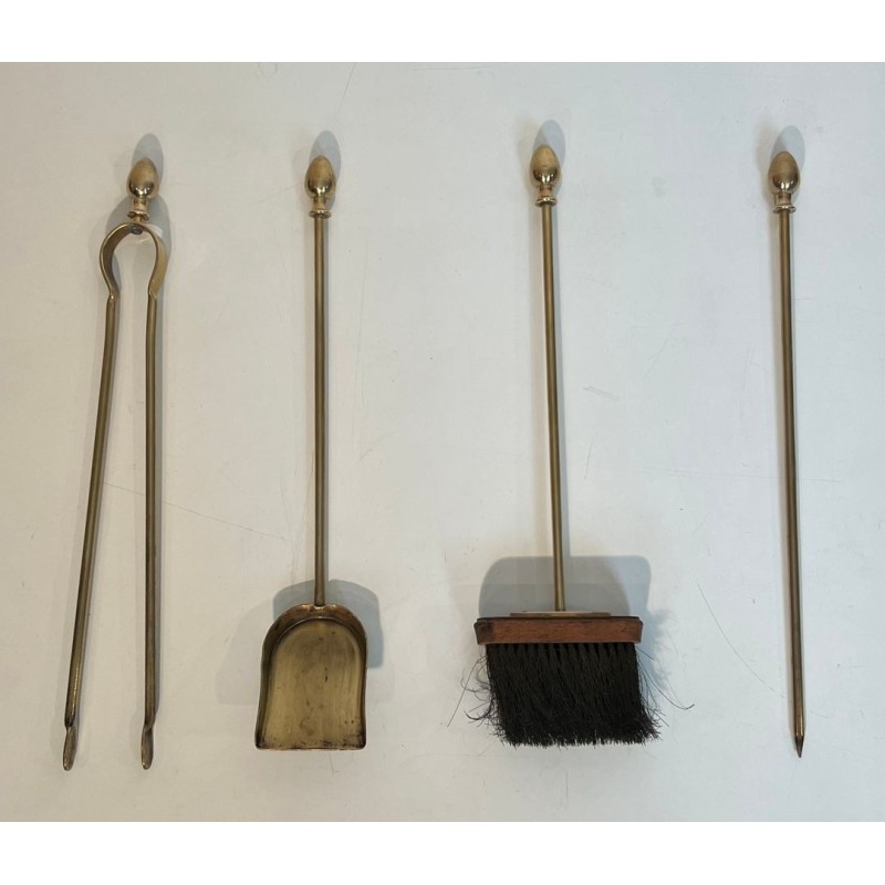 Neoclassical Brass Fireplace Companion Set with Egg Finials in the Style of Maison Jansen