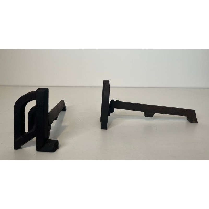 Pair of Small Modernist Cast Iron and Wrought Iron Andirons with Arch Uprights
