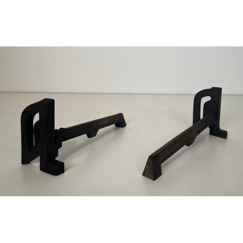 Pair of Small Modernist Cast Iron and Wrought Iron Andirons with Arch Uprights