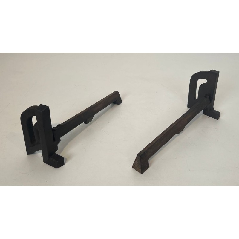 Pair of Small Modernist Cast Iron and Wrought Iron Andirons with Arch Uprights