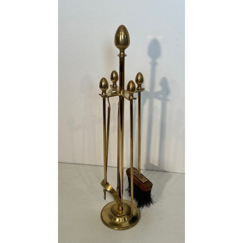 Nécessaire de Feu en Laiton Néoclassique à Finials Ovoïdes, Goût Maison Jansen