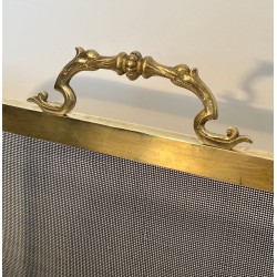 Neoclassical Brass and Wire Mesh Fireplace Screen, Mandolin and Floral Mounts, Marked MS