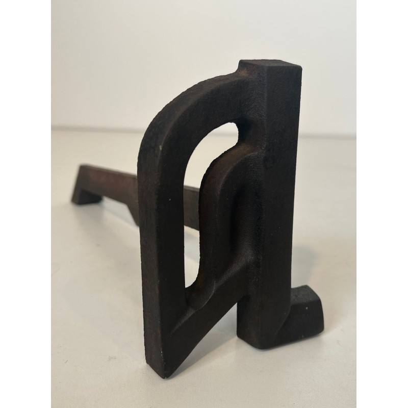 Pair of Small Modernist Cast Iron and Wrought Iron Andirons with Arch Uprights