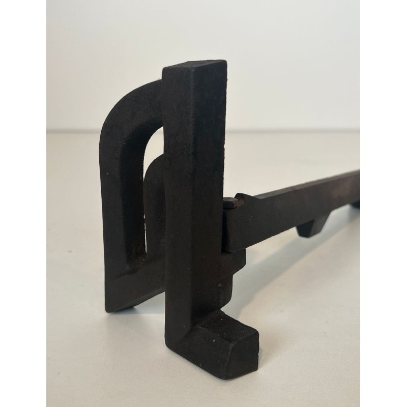 Pair of Small Modernist Cast Iron and Wrought Iron Andirons with Arch Uprights